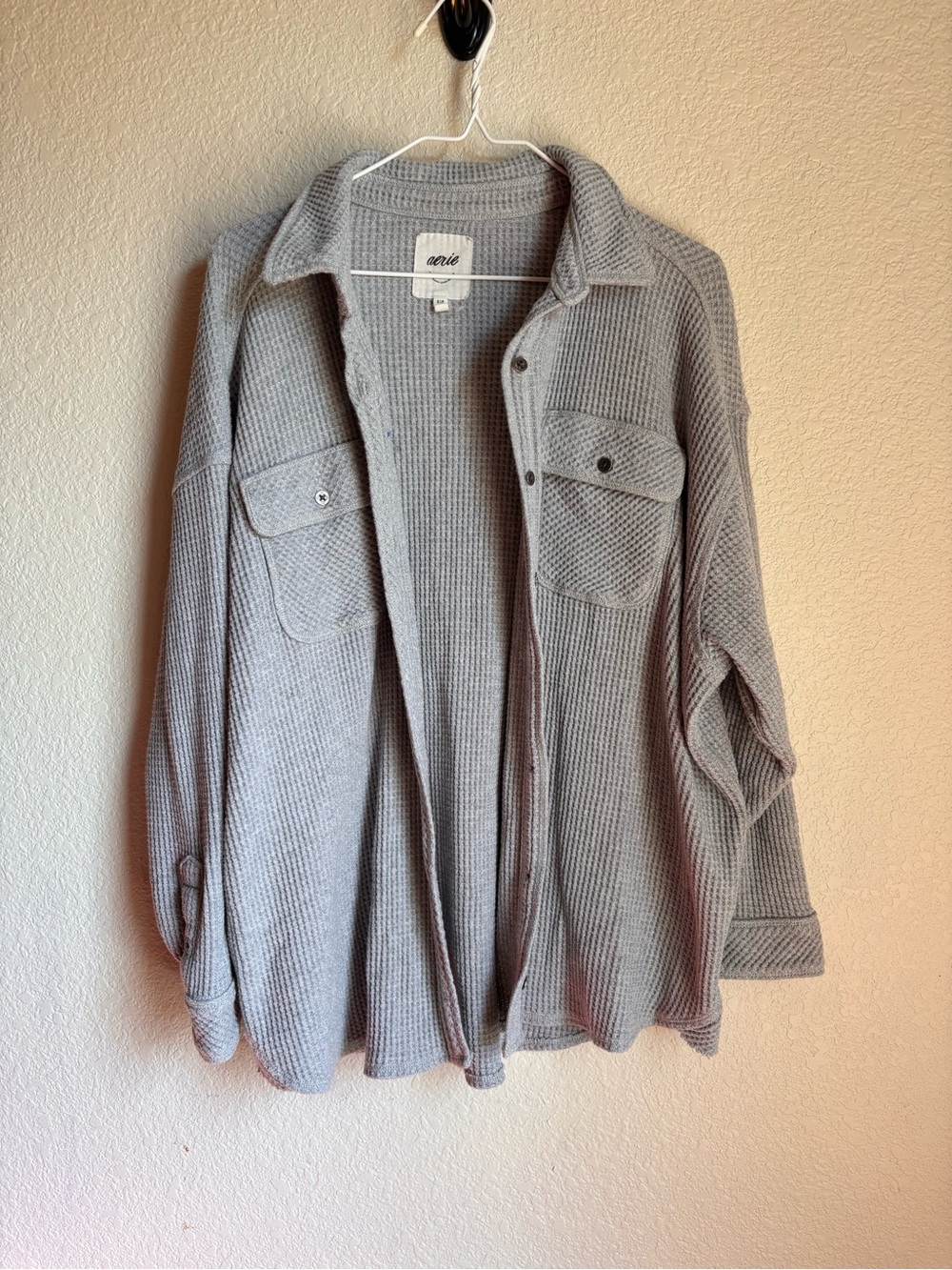 Aerie women’s  Gray Waffle-Knit Button-Up Sweater Shirt